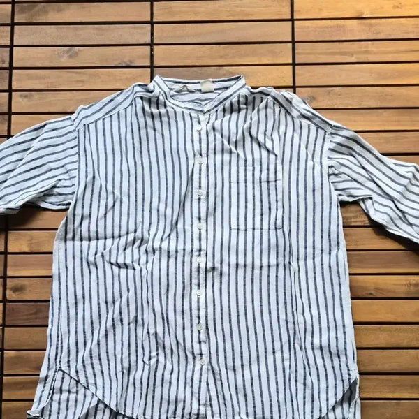 [BUNJANG] Samsamsa Mos2 Linen Stripe 7-Sleeve Shirt / [Samsamsa Mos2]린넨 셔츠
