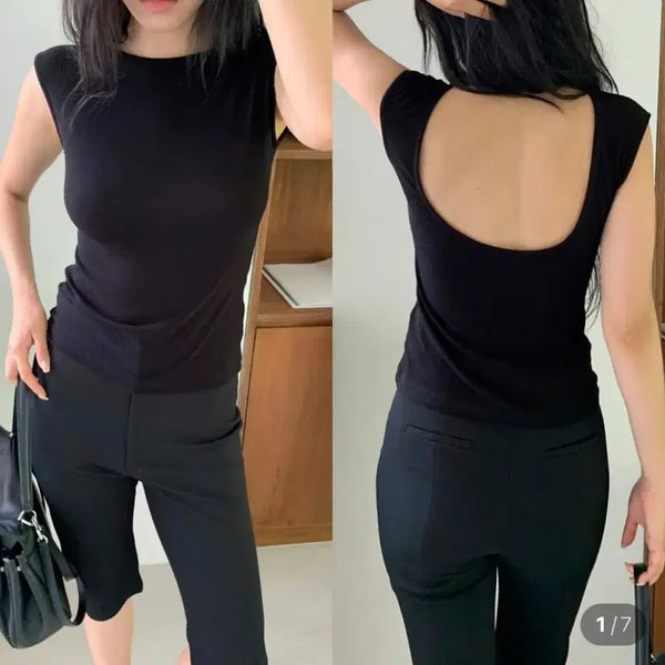 [BUNJANG] Understanding Back Scoop Sleeveless Tank Top Black / 언더스탠딩 백스쿱 나시 블랙 여름 라운드넥 스판나시