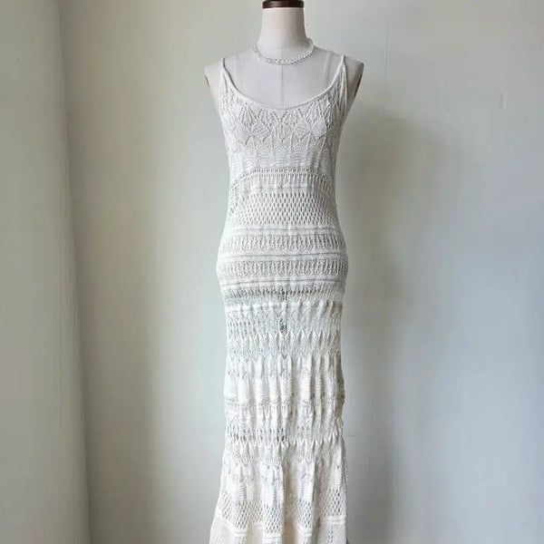 [BUNJANG] Light Beige Layered Crochet Linen Long Dress / 연베이지 레이어드 크로쉐 니트 린넨 롱 원피스