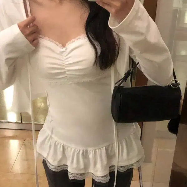 [BUNJANG] Frill Shirring Lace Sleeveless Top - White / 밑단 프릴 셔링 나시 레이스 여름 나시 화이트