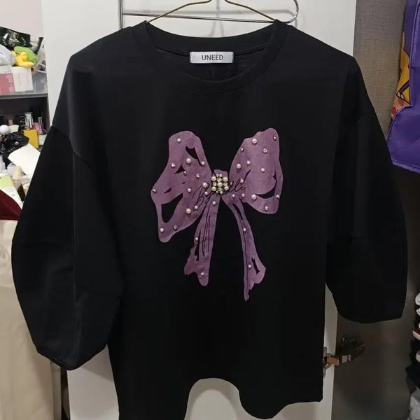 [BUNJANG] UNeed Purple Ribbon Beaded T-Shirt / UNeed 퍼플 리본 비즈 티셔츠(새상품)