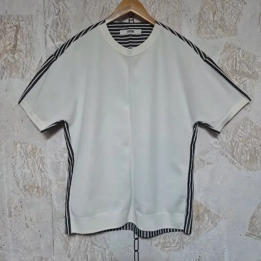 [BUNJANG] System Stripe Color-Block Short-Sleeve T-Shirt Size 95 / 시스템 스트라이프 배색 반팔티 95