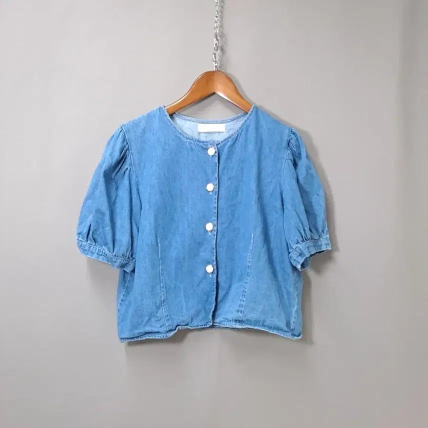 [BUNJANG] Blue Denim Puff Sleeve Cardigan Blouse / 청 데님 퍼프 소매 가디건 블라우스