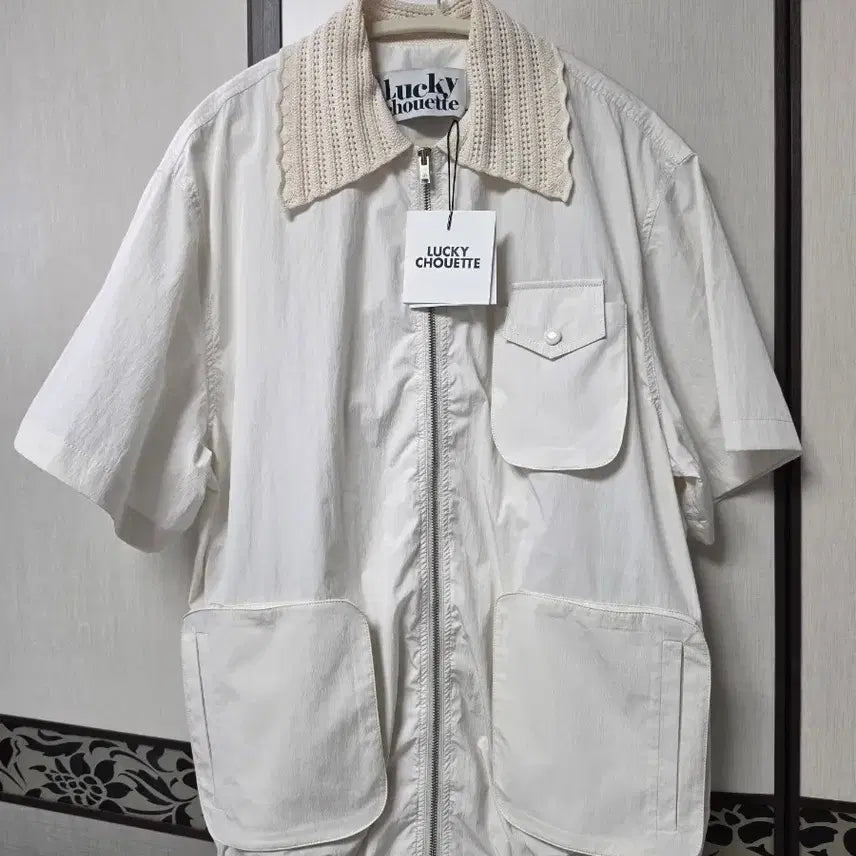 [BUNJANG] LUCKY CHOUETTE Knit Collar Short Sleeve Zip-Up Jumper / (새상품)럭키슈에뜨 니트카라 반소매 집업점퍼