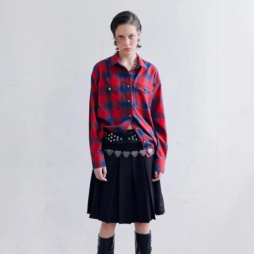 [BUNJANG] DARE D Silver Button Check Shirt Red / 데어드 실버 버튼 체크셔츠 레드 check shirt