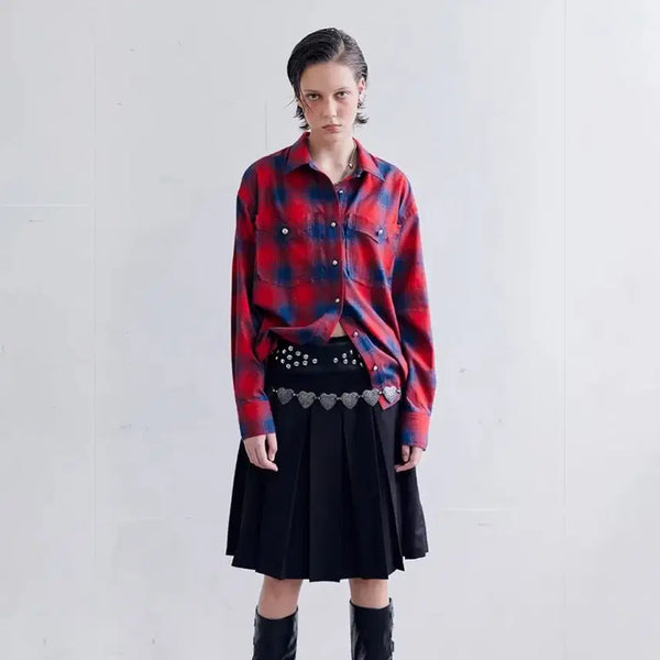 [BUNJANG] DARE D Silver Button Check Shirt Red / 데어드 실버 버튼 체크셔츠 레드 check shirt