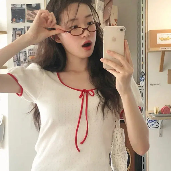 [BUNJANG] From Beginning Ribbon Color-Block Eyelet T-shirt / 프롬비기닝 리본 배색아일렛티 여자 여름 반팔 블라우스 코어