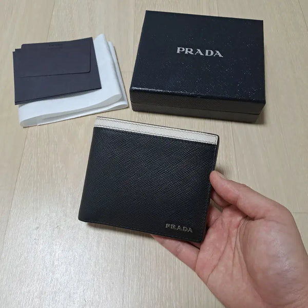 [BUNJANG] Prada Saffiano Bi-fold Wallet Black Off-White / [100%/정품] 프라다 사피아노 남성 반지갑 블랙 오프화이트