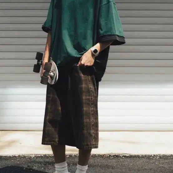[BUNJANG] Anglerun Oversized T-Shirt + Brown Check Shorts Set / 앵글런 오버핏 티셔츠+브라운체크 반바지 새상품