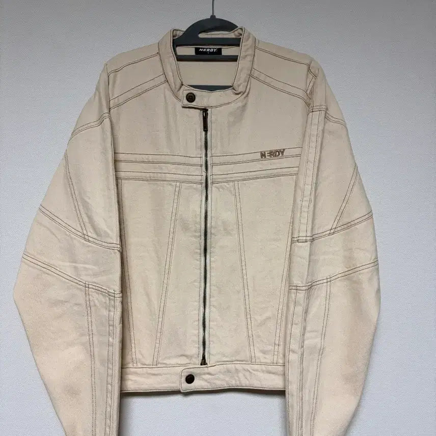 [BUNJANG] NERDY NY Denim Biker Jacket Ivory L / [엔디와이, 널디] 유니 NY 데님 바이커 자켓 아이보리 L사이즈