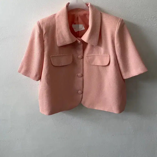 [BUNJANG] Pink Cropped Collar Short Sleeve Jacket / 특가 세일 새상품 핑크 크롭 카라 반팔자켓