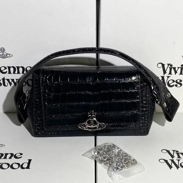 [BUNJANG] Vivienne Westwood Hazel Croco Embossed Leather Baguette Shoulder Bag Black Silver / 비비안웨스트우드 헤이젤 크로코 엠보 레더 바게트 숄더백 블랙 실버