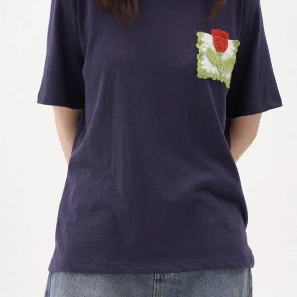 [BUNJANG] Jour Jette De Knitting Pocket Short Sleeve T-Shirt / 니팅 포켓 크로셰 뜨개패치 반팔 티셔츠