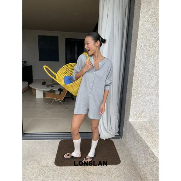 [BUNJANG] LONSLAN Gray Long Sleeve Sun Protection Jumpsuit Shorts / LONSLAN 론슬란 점프수트 그레이 긴팔 자외선 차단 점프수트 반바지