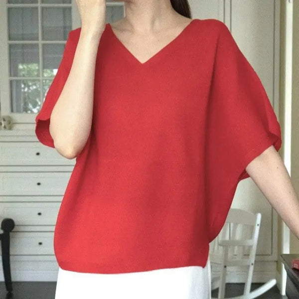 [BUNJANG] Holgarment V-Neck Batwing Knit Red / 홀가먼트 레드 브이넥 가오리 니트