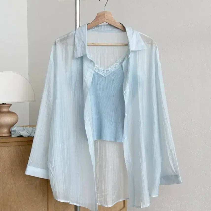 [BUNJANG] Lace Blouse and Camisole Set with Scrunchie / 나시 셔츠 세트 레이스 블라우스 스크런치 곱창밴드 데일리룩 여름 끈나시