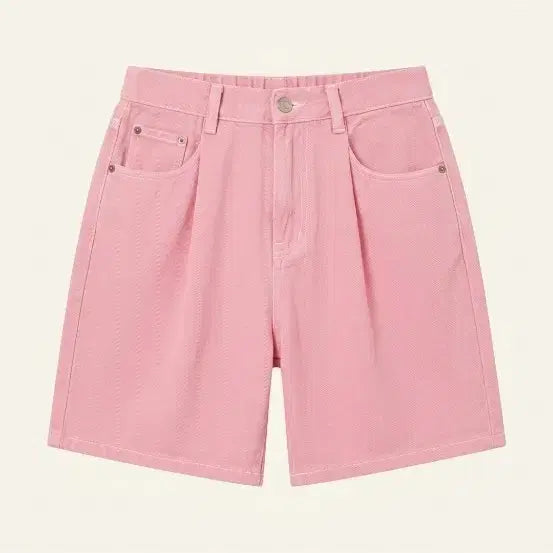 [BUNJANG] Pink Denim Half Pintuck Shorts / 핑크 데님 하프 핀턱 반바지