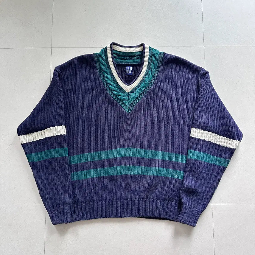 [BUNJANG] Old Gap 90s 100% Cotton Cable Knit V-Neck Sweater / [100-105] 90s 올드갭 100%코튼 칠덴 브이넥 케이블니트