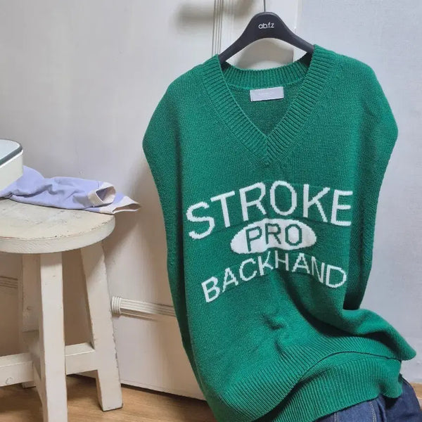 [BUNJANG] Green V-Neck Sweater Vest with 'STROKE PRO BACKHAND' Lettering / 초록색 스웨터 조끼