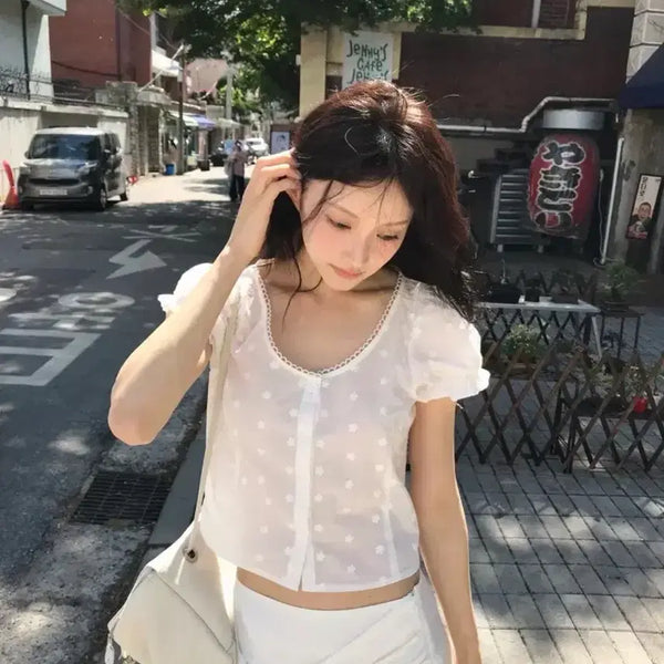 [BUNJANG] With Bloom Flower Lace Crop Blouse White / 위드블룸 플라워 레이스 블라우스