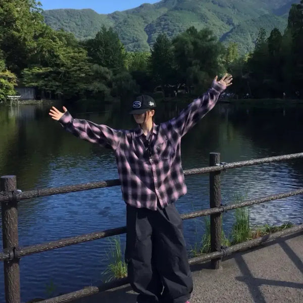[BUNJANG] Women's Pink Black Check Pattern Long Sleeve Shirt / 체크 남방 핑크 블랙