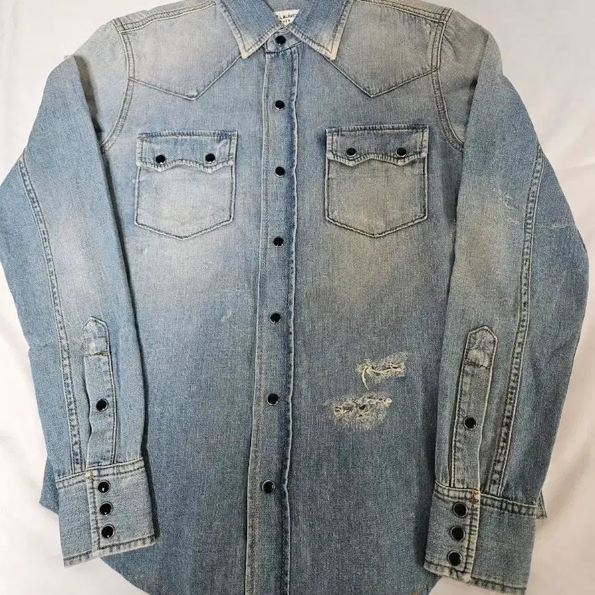 [BUNJANG] Saint Laurent Distressed Denim Western Shirt Light Blue / 생로랑 디스 데님 웨스턴 셔츠 라이트 블루