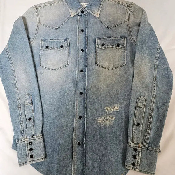 [BUNJANG] Saint Laurent Distressed Denim Western Shirt Light Blue / 생로랑 디스 데님 웨스턴 셔츠 라이트 블루