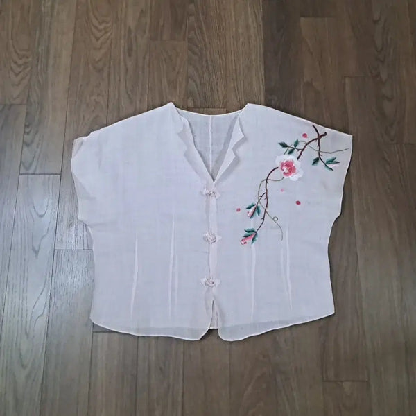 [BUNJANG] Pink Floral Embroidered Ramie Top / 핑크 꽃자수 모시 상의