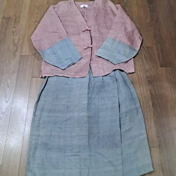 [BUNJANG] Ramie Blend Top and Skirt Set - Pink & Grey - Size 95 / 모시메리 상의 스커트 세트 95