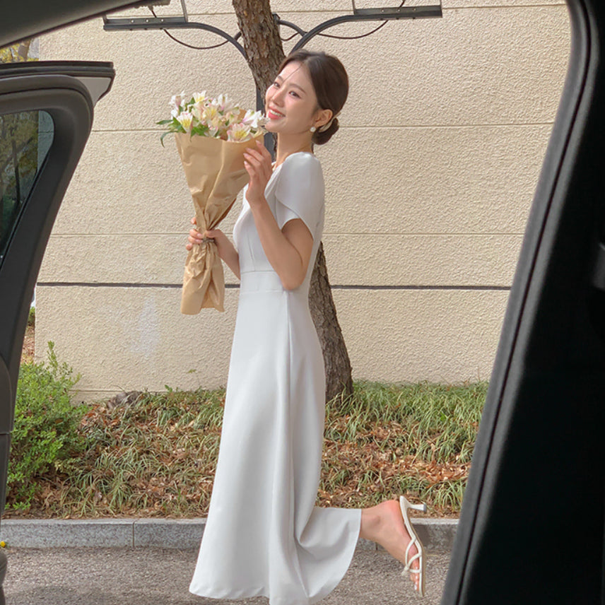 [BUNJANG] Puff Sleeve Long Dress / 결혼식 하객룩 퍼프소매 반팔 롱원피스