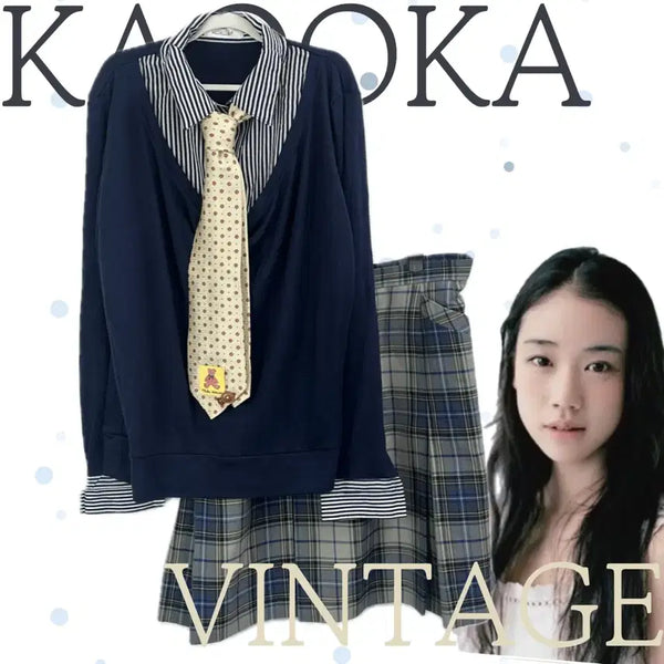 [BUNJANG] Japanese Vintage Navy School Uniform Inspired Layered Reform Necktie Coordinate Set / 일본빈티지 고갸루 네이비 스쿨 교복감성 레이어드 리폼넥타이 코디세트