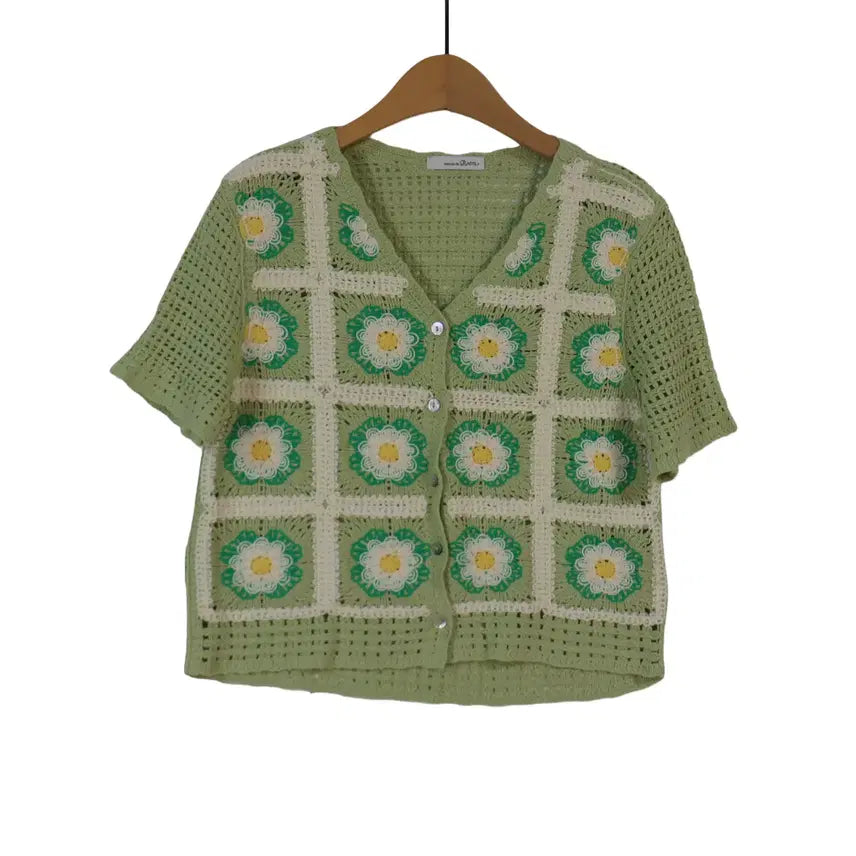 [BUNJANG] Rome Flower Crochet Half Sleeve Knit Cardigan Mint S / Rome 플라워 크로셰 반팔 가디건 S 민트 니트 레이스