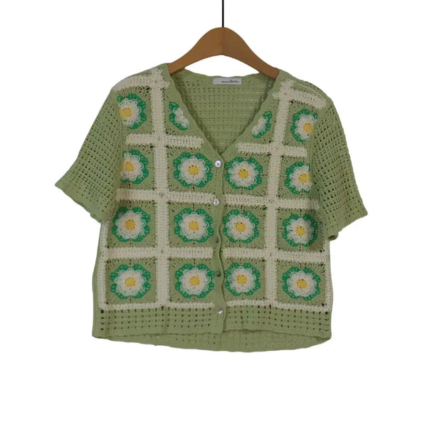 [BUNJANG] Rome Flower Crochet Half Sleeve Knit Cardigan Mint S / Rome 플라워 크로셰 반팔 가디건 S 민트 니트 레이스