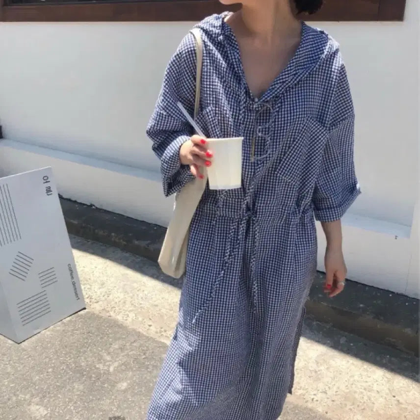 [BUNJANG] Linen Check Hooded Dress / 리넨느 체크 후드 원피스