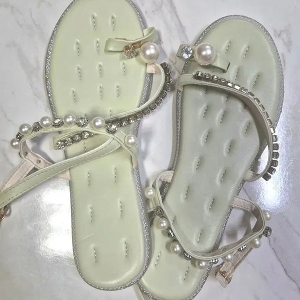[BUNJANG] Pearl Cubic Embellished Sandals (Mint Green, Size 245) / 진주 큐빅 장식 샌들 연두색 245 새거