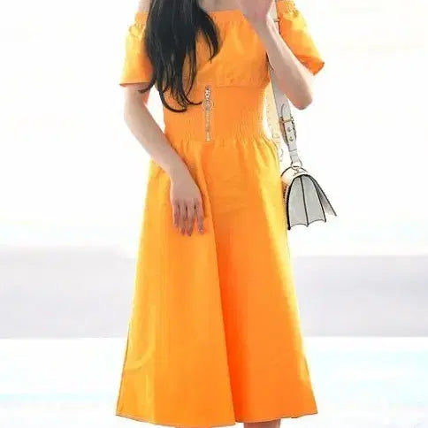 [BUNJANG] Maje Orange/Yellow Off-Shoulder Long Dress Size 1 / 마쥬 maje 사이즈1 오렌지/옐로 롱 원피스 (오프숄더, 주결경 원피스
