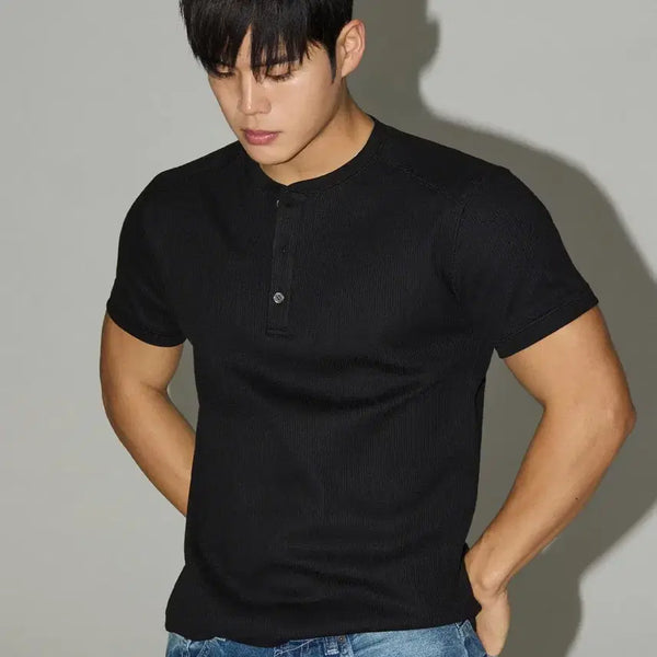 [BUNJANG] MICHIKO LONDON SPORT Waffle Henly Neck Muscle Fit Short Sleeve T-Shirt / 미치코런던스포츠 와플 헨리넥 머슬핏 반팔