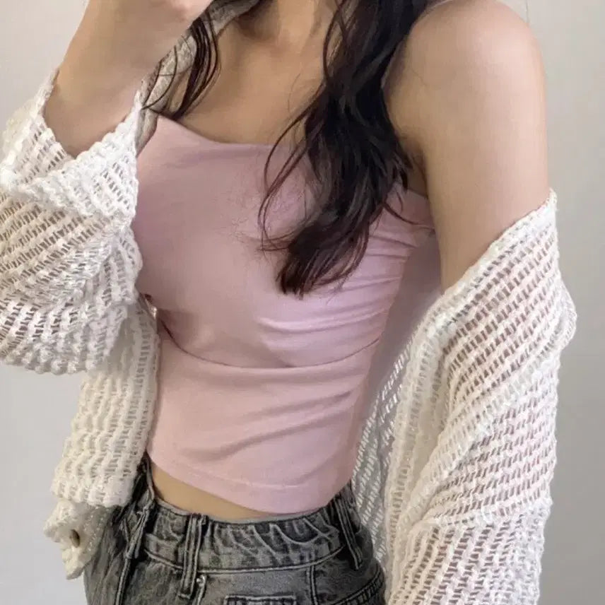 [BUNJANG] Cropped Camisole with Side Shirring and Built-in Cups (Light Pink) / [새상품] 옆셔링 캡내장 크롭나시/연핑크