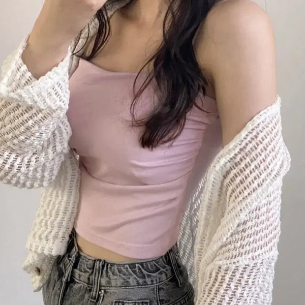 [BUNJANG] Cropped Camisole with Side Shirring and Built-in Cups (Light Pink) / [새상품] 옆셔링 캡내장 크롭나시/연핑크