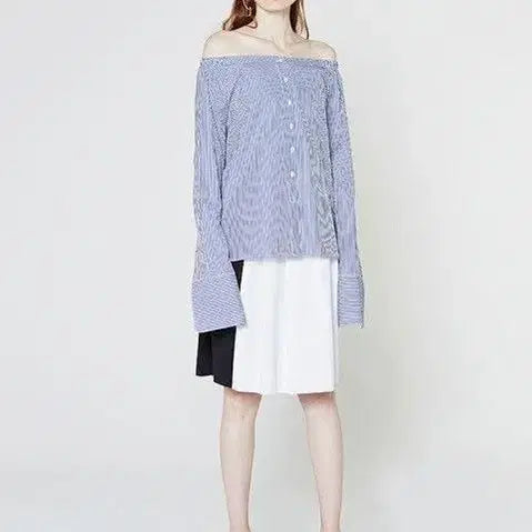 [BUNJANG] Recto Off-Shoulder Stripe Shirt / 렉토 Recto 오프숄더 스트라이프 셔츠 (셀럽 다수 착)