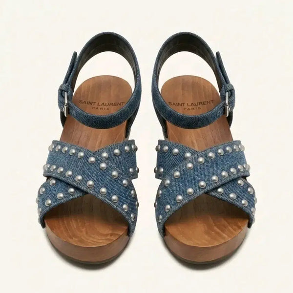 [BUNJANG] Saint Laurent Studded Denim Wood Sandals Size 35 / 정품 생로랑 스터드 데님 우드 샌들 35(225-230)