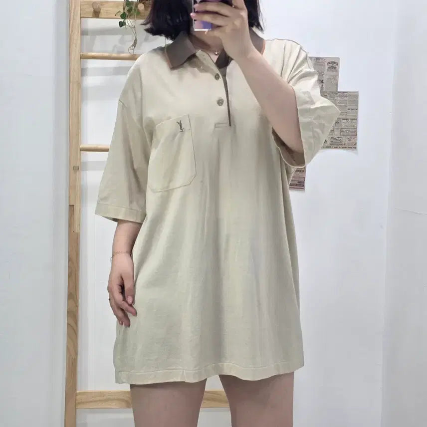 [BUNJANG] Saint Laurent Cassandra Logo Polo Shirt Beige / [프립]110/입생로랑 카산드라 로고 카라티 베이지