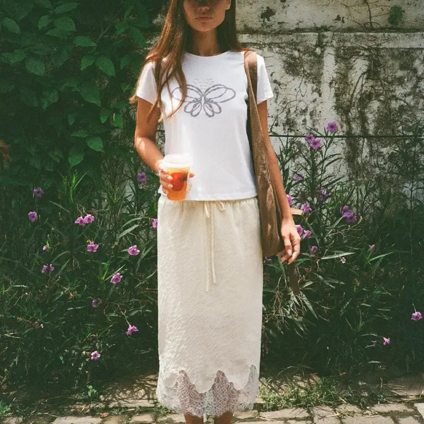 [BUNJANG] Yansisi Stripe Lace Skirt Butter / 얀시시 스트라이프 레이스 스커트 버터