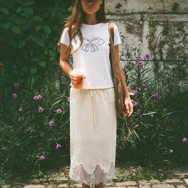 [BUNJANG] Yansisi Stripe Lace Skirt Butter / 얀시시 스트라이프 레이스 스커트 버터