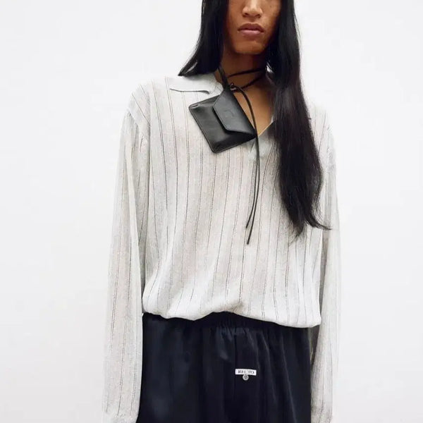 [BUNJANG] Recto Lace-Rip Sheer Kara Knit Top - Mélange Grey / 렉토 레이스립 시어 카라 니트탑 멜란지 그레이 M