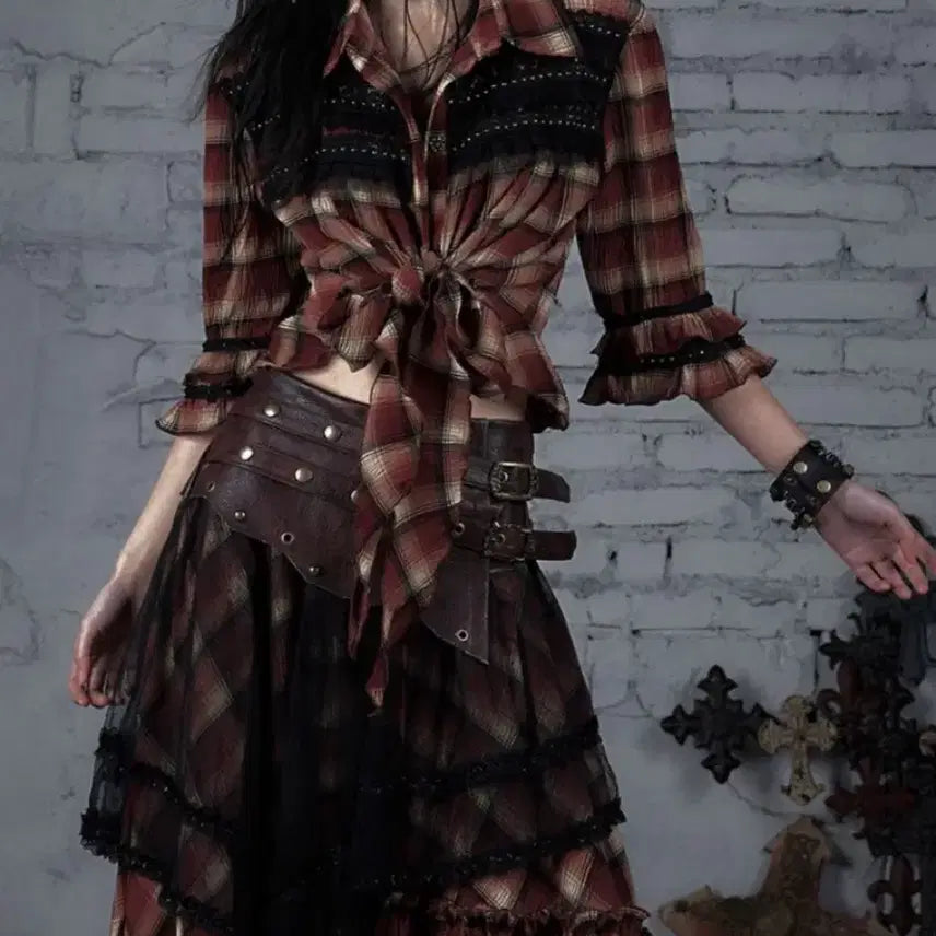 [BUNJANG] Noromance Check Lace Shirt / 노로맨스 체크 레이스 셔츠