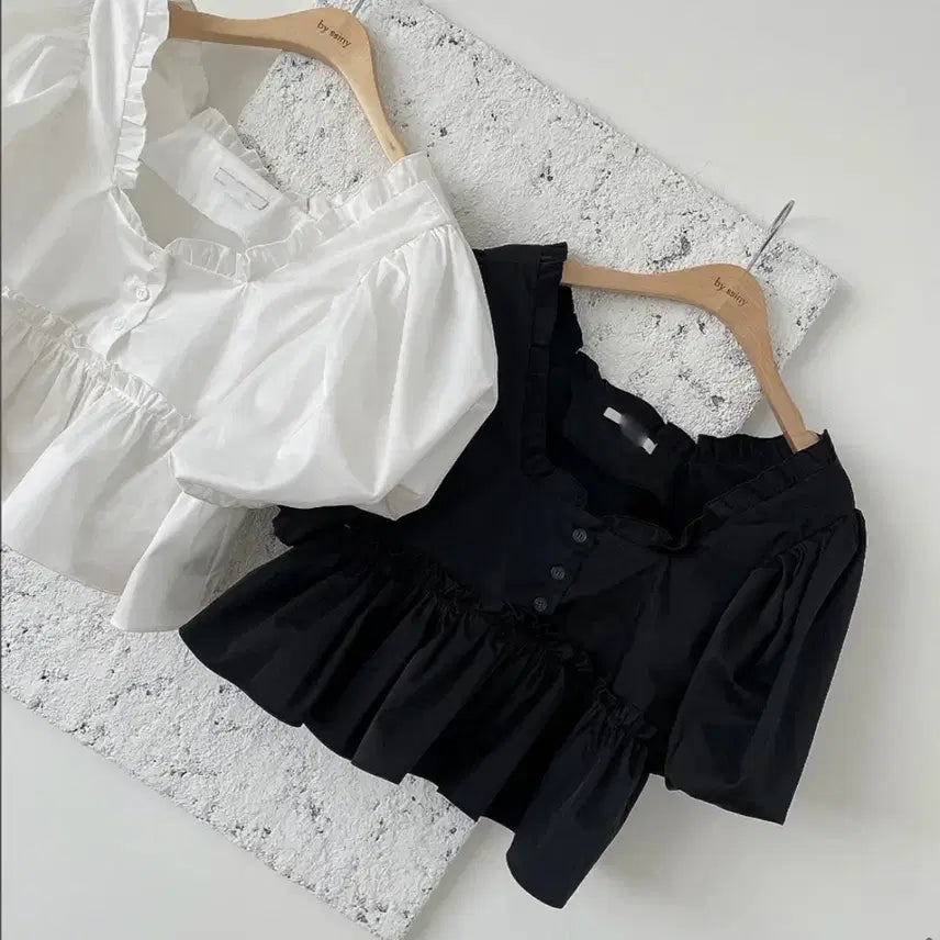 [BUNJANG] Bysini Sheer Blouse White/Black / 바이씨니 시원셔링 블라우스 화이트, 블랙 새상품