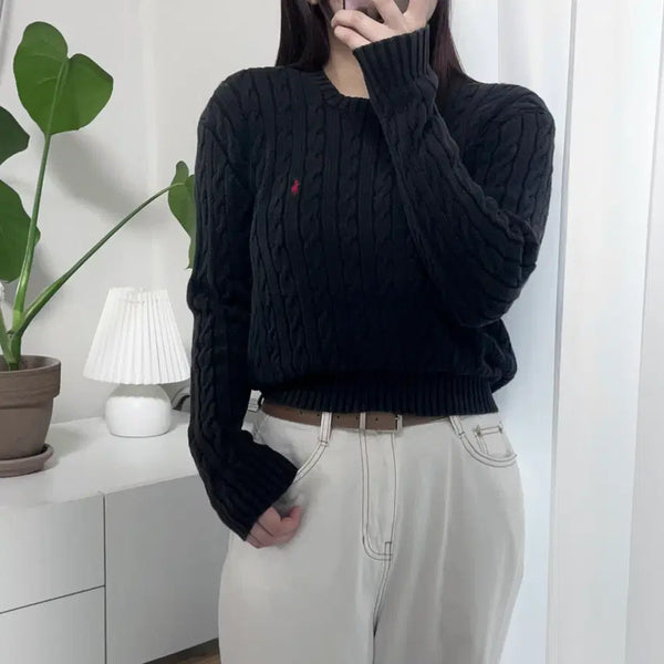 [BUNJANG] Polo Ralph Lauren Black/Red Pony Cable Knit Sweater / 폴로 블랙 / 레드포니 꽈배기 라운드 니트 [ M ]