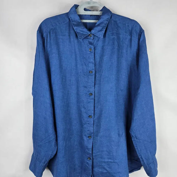 [BUNJANG] Uniqlo Women's 100% Linen Long Sleeve Shirt Blue / [무료배송]유니클로 여성 린넨 마 100% 긴팔 셔츠 블루