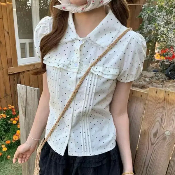 [BUNJANG] Dot Frill Collar Short Sleeve Blouse / 에이블리 도트 프릴 카라 반팔 셔츠 블라우스
